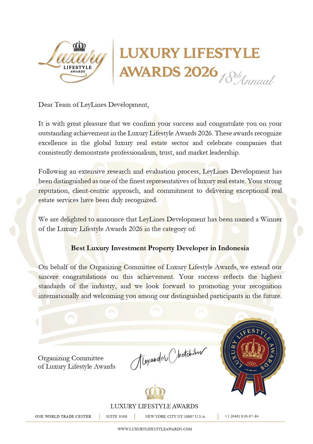 Luxury Lifestyle Awards congratulatory letter — LeyLines recognised as Best Luxury Investment Property Developer in Indonesia