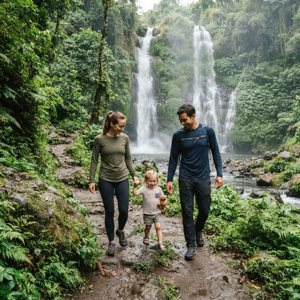 Family trekking at Banyumala waterfall — two adults and a toddler in trekking gear