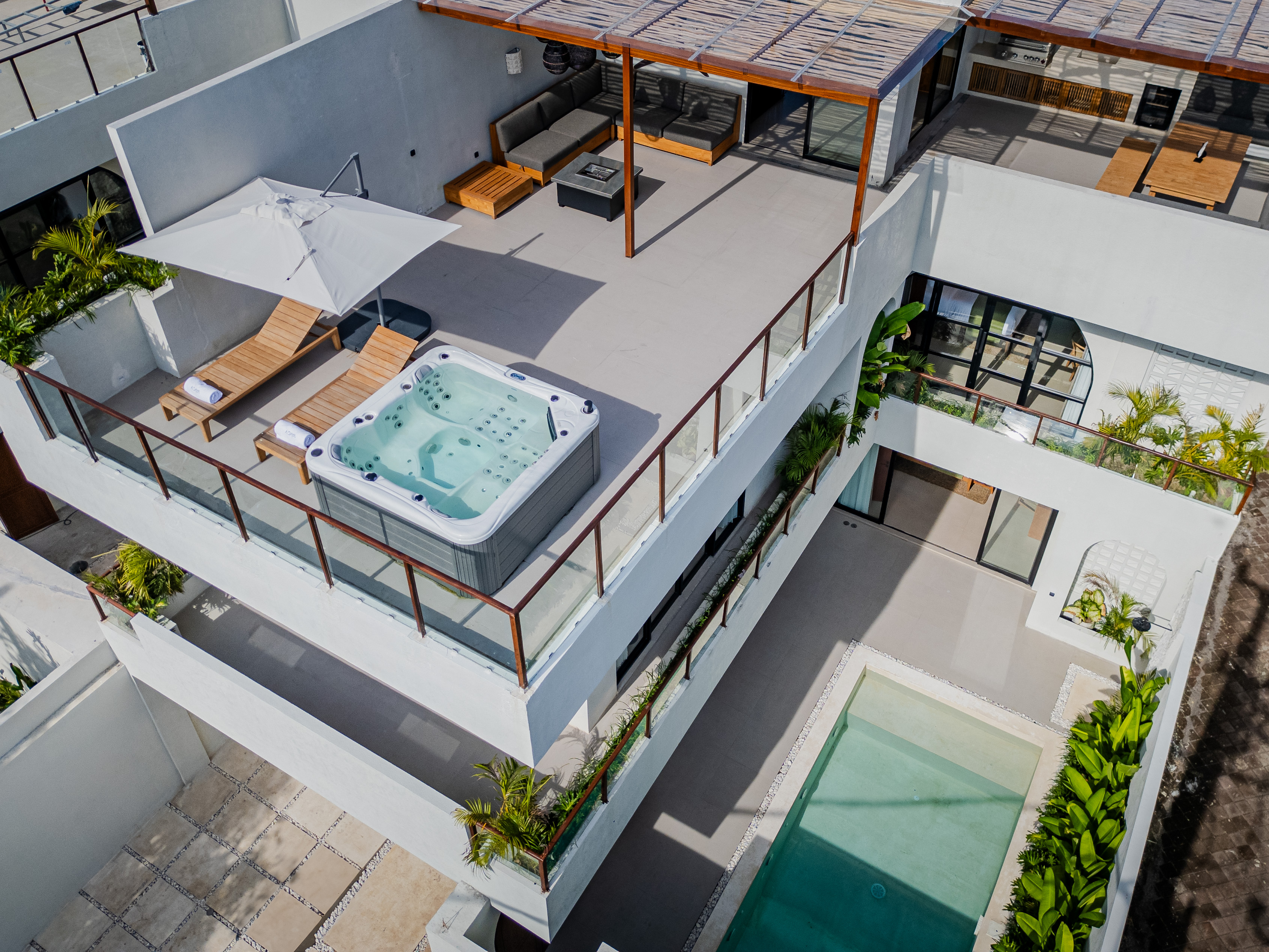 Aerial view of Adaya Boutique Villas rooftop terrace, jacuzzi and private pool near Bingin, Uluwatu