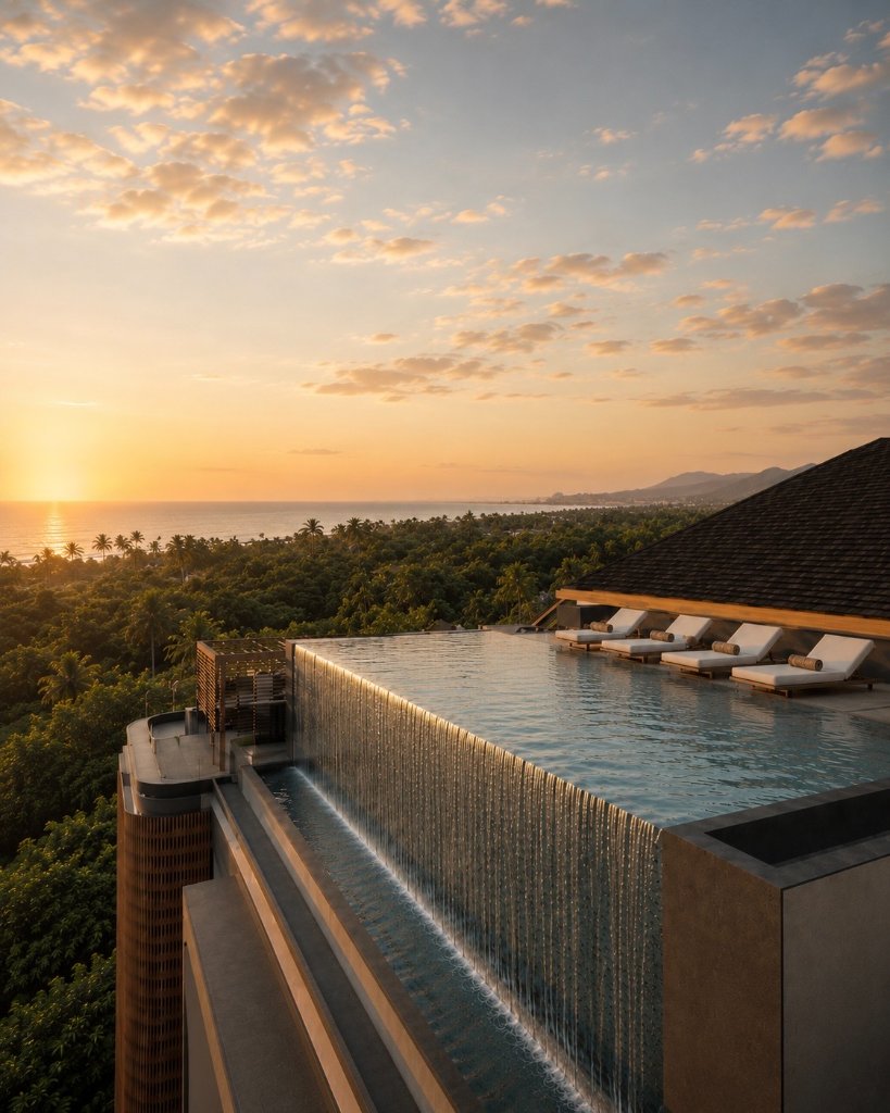 Bellana Center Point rooftop infinity pool at sunset