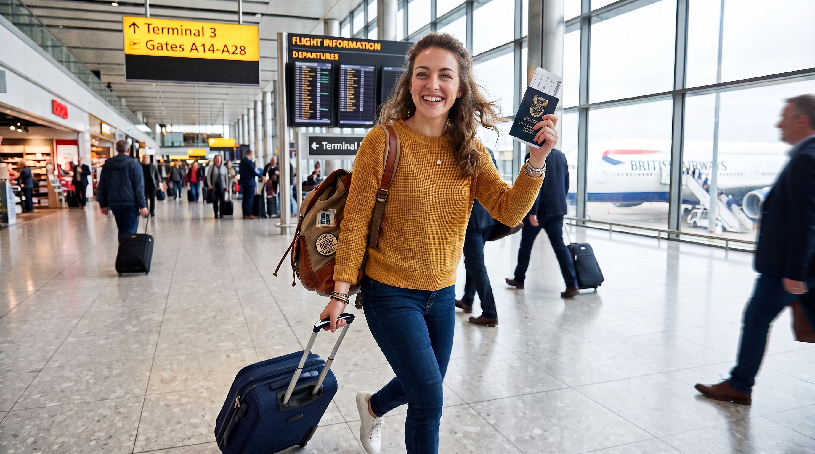 Traveller with passport at airport terminal