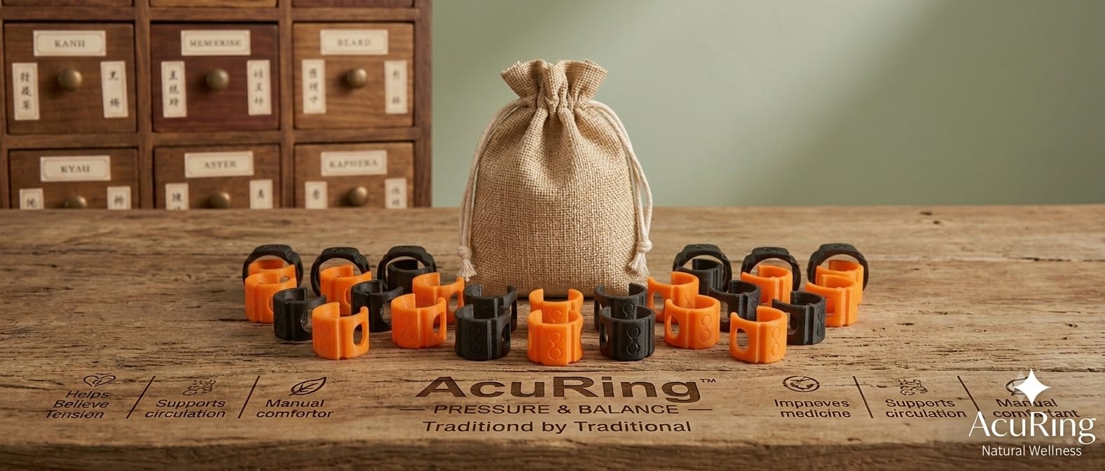 AcuRing pouch with rings on rustic table