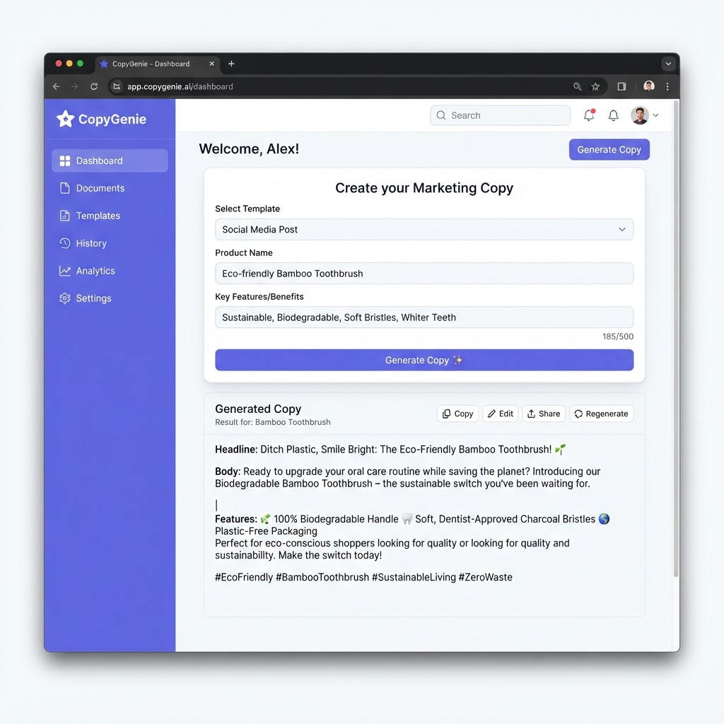 CopyGenie — the AI app Jake built after taking the course