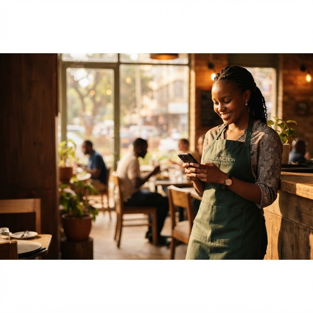 Kenyan waitress smiling at her phone in a sunlit restaurant