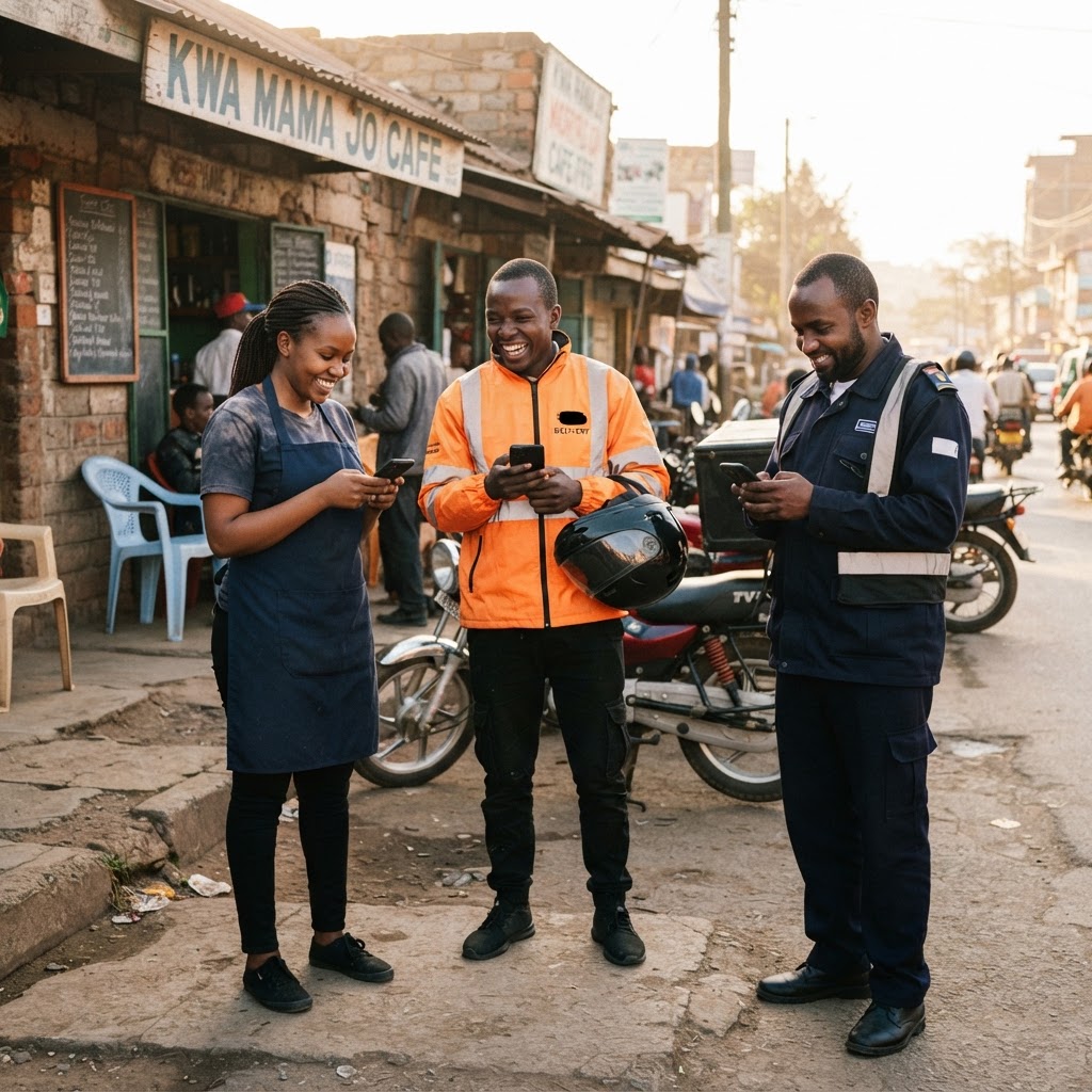 Kenyan deskless workers on a break, on their phones