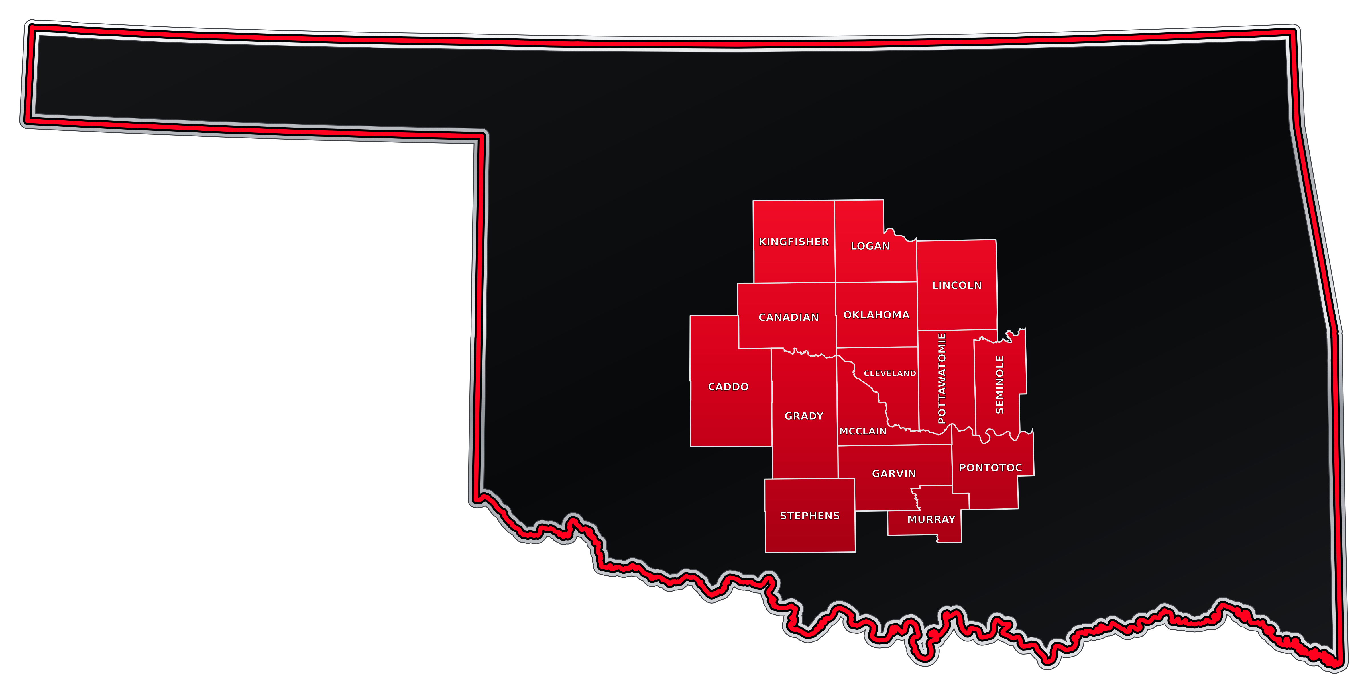 Map of Oklahoma highlighting the 15 counties served by Oklahoma Response