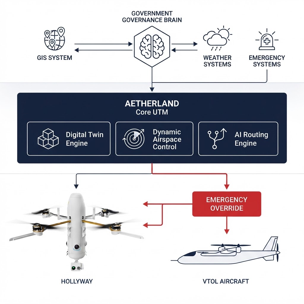 Digital Twin airspace architecture three-tier diagram with HOLLYWAY drone
