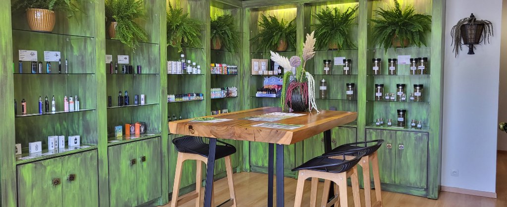Vue panoramique de la boutique CBD Club avec meubles verts et table bois massif
