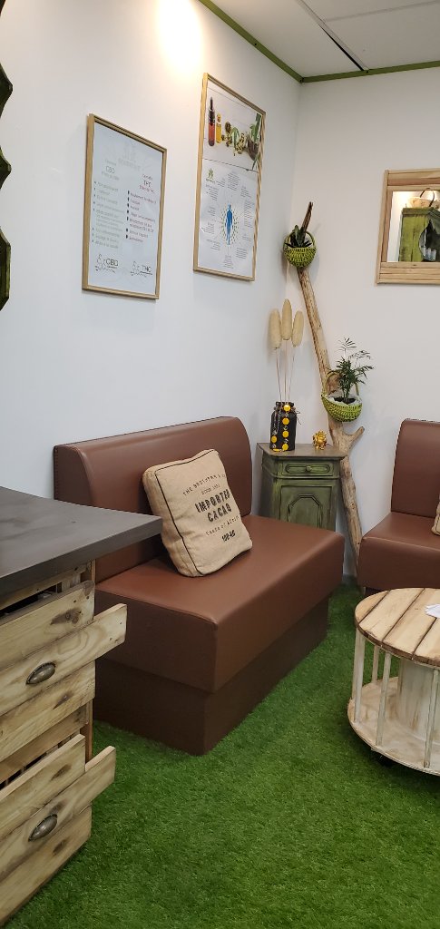 Espace salon - canapé cuir marron, table touret, meuble vert