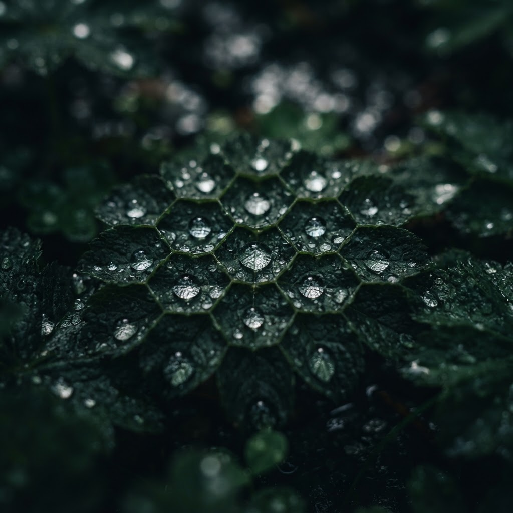 Water droplets on hexagonal leaf lattice