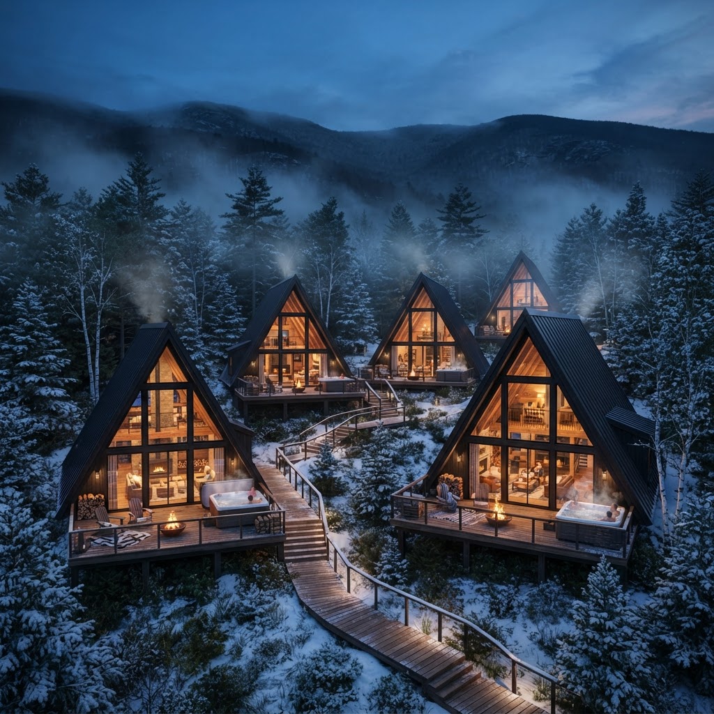 Five A-frame forest cabins glowing at dusk