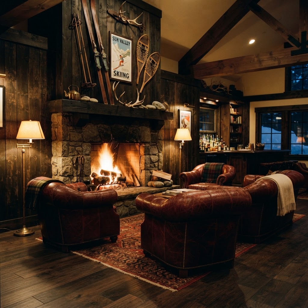 Fireside lounge — burgundy leather armchairs and stone fireplace