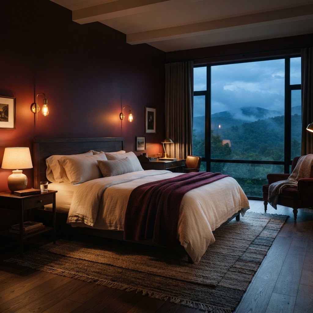 Burgundy boutique king suite with brass sconces and mountain view
