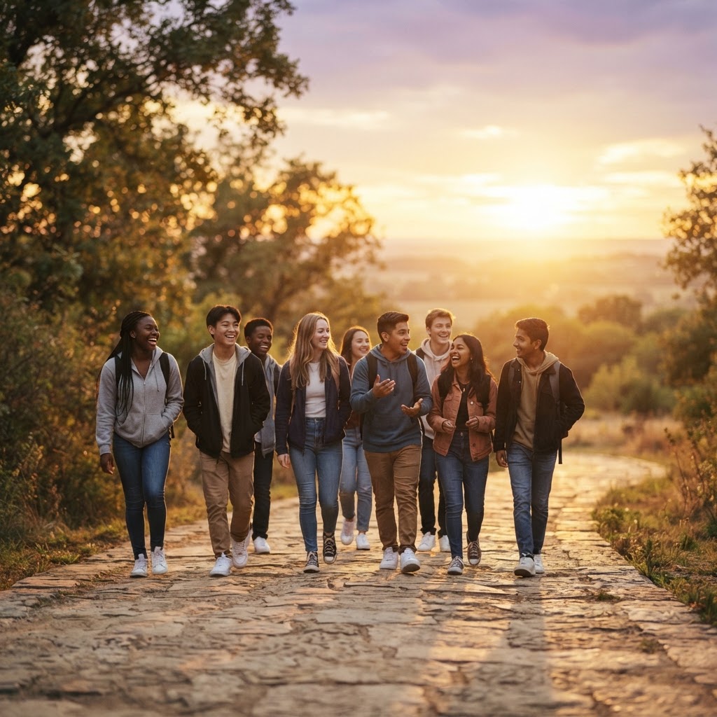 Teens and college students walking together along a new path toward a bright beginning