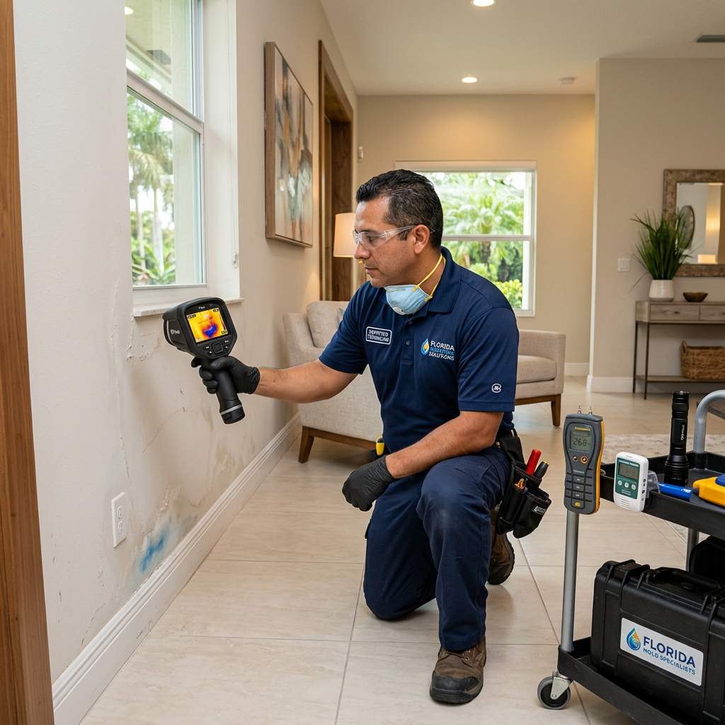Professional mold inspector using thermal imaging camera
