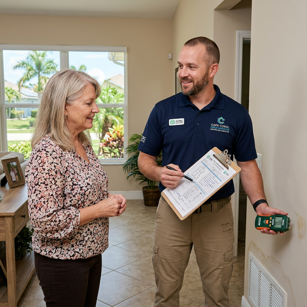 IICRC certified mold inspector reviewing findings with Cape Coral homeowner