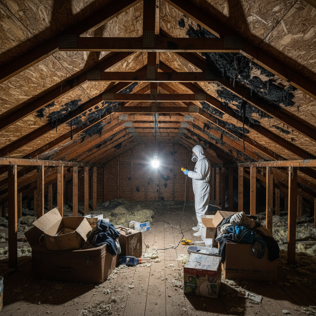 Before - Attic Mold Remediation β Rafters & OSB Sheathing
