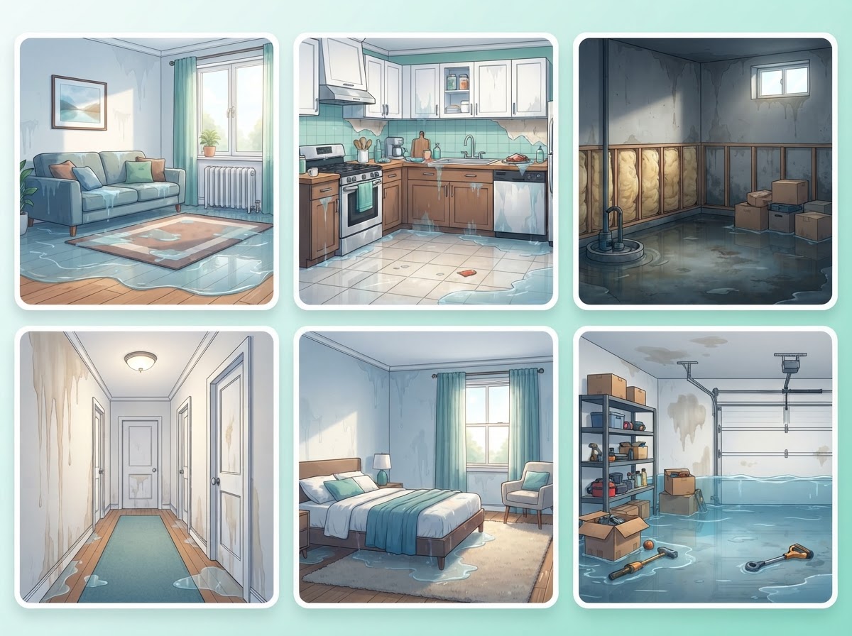 Photo grid of documented rooms