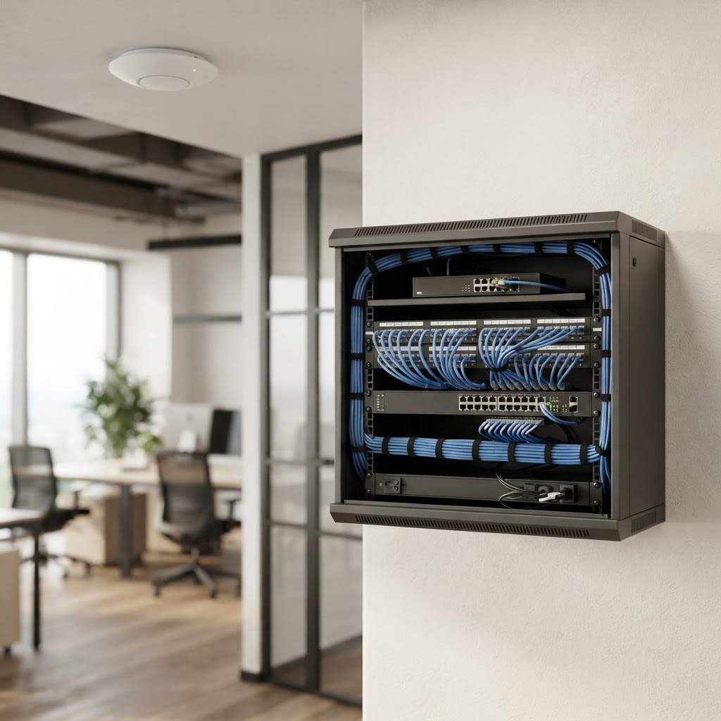 Illustrative network cabinet with organised patch leads, a switch and router