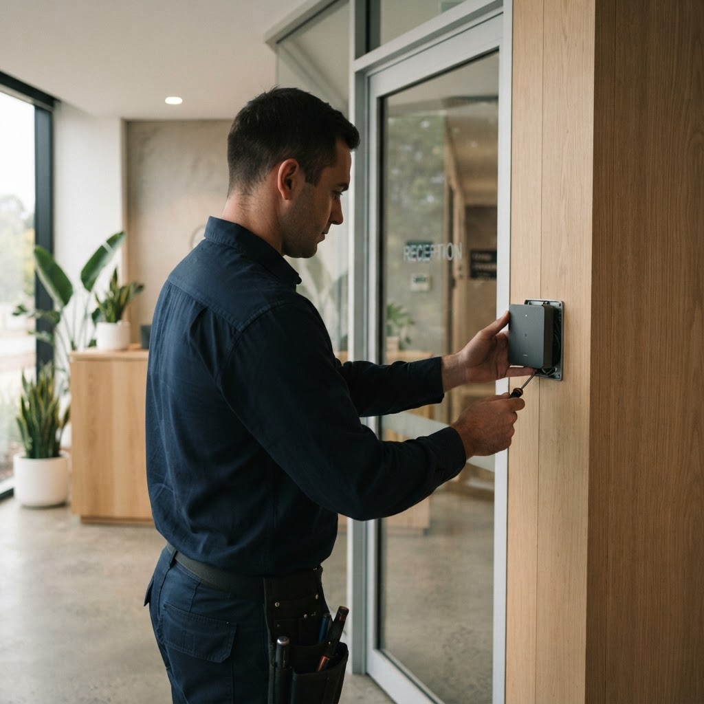 Illustration of careful security installation at a business entrance