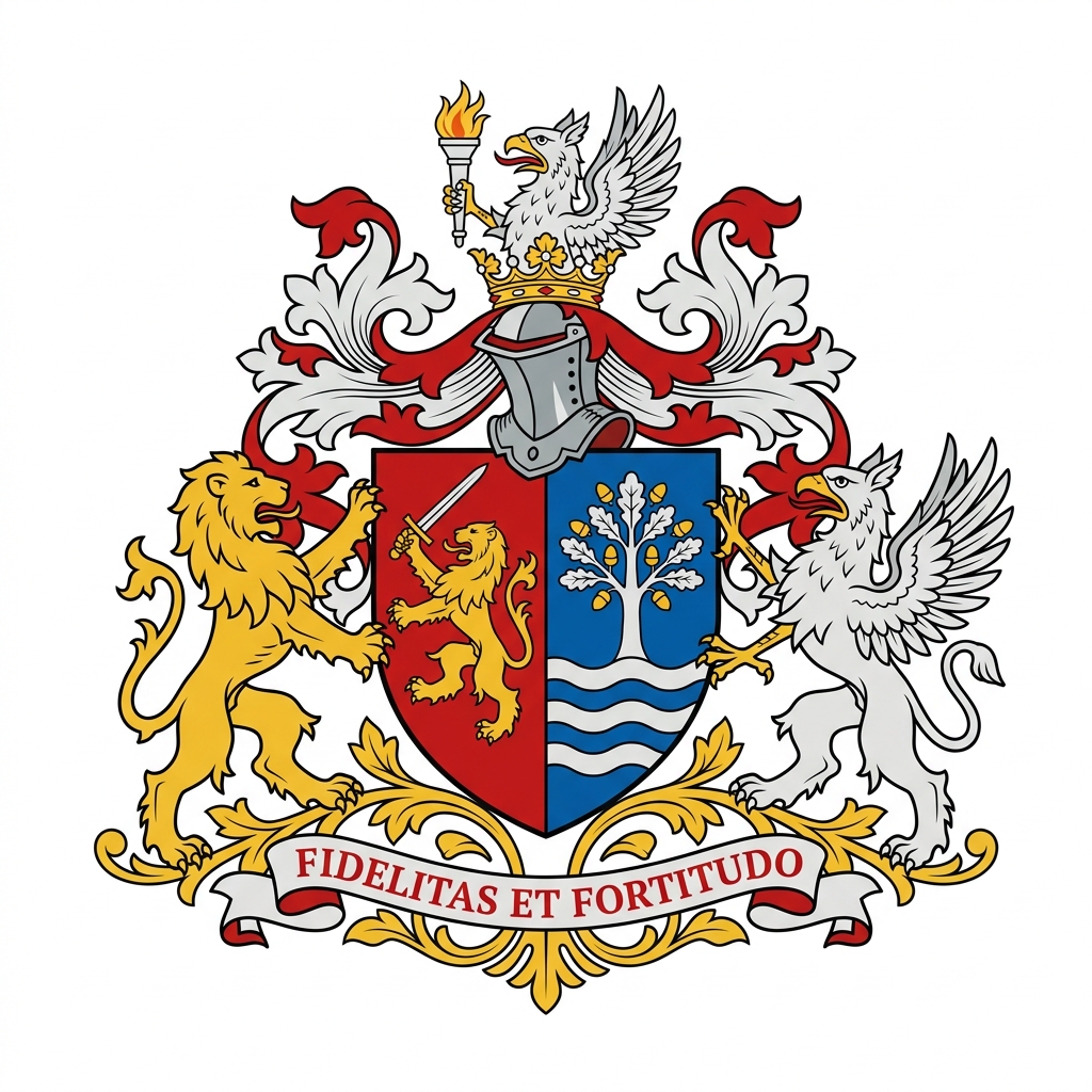 Full heraldic achievement with shield, crest, supporters and motto