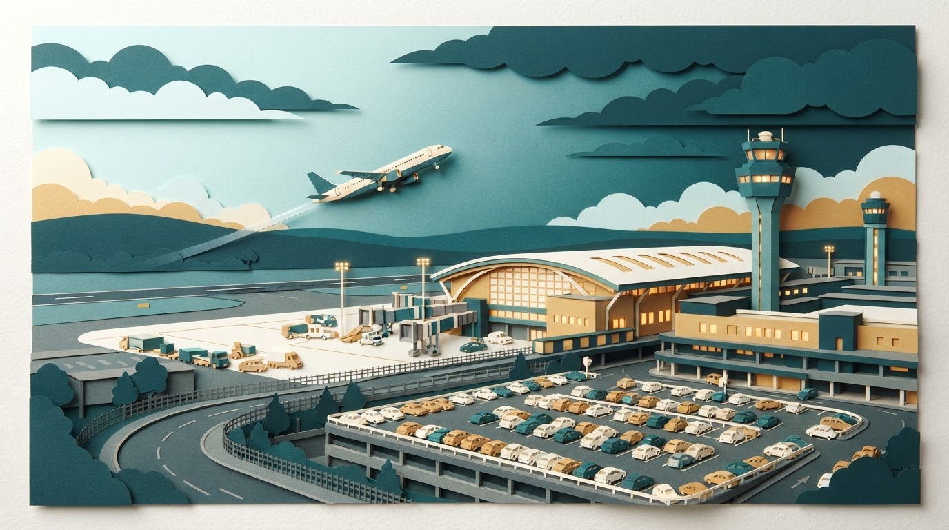 Panoramic cut-paper illustration of airport parking
