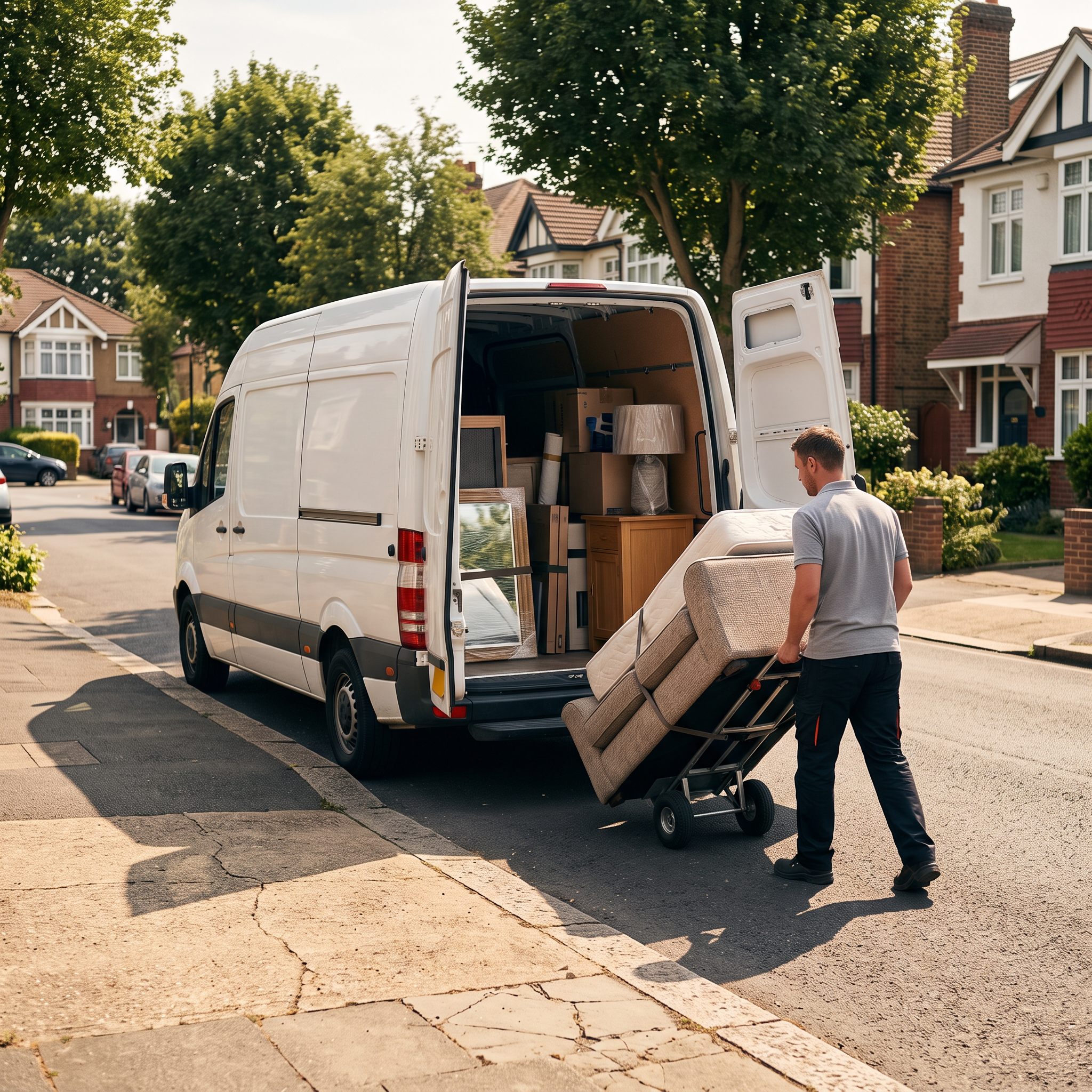 Van driver loading an armchair and mattress into a van on a UK residential street