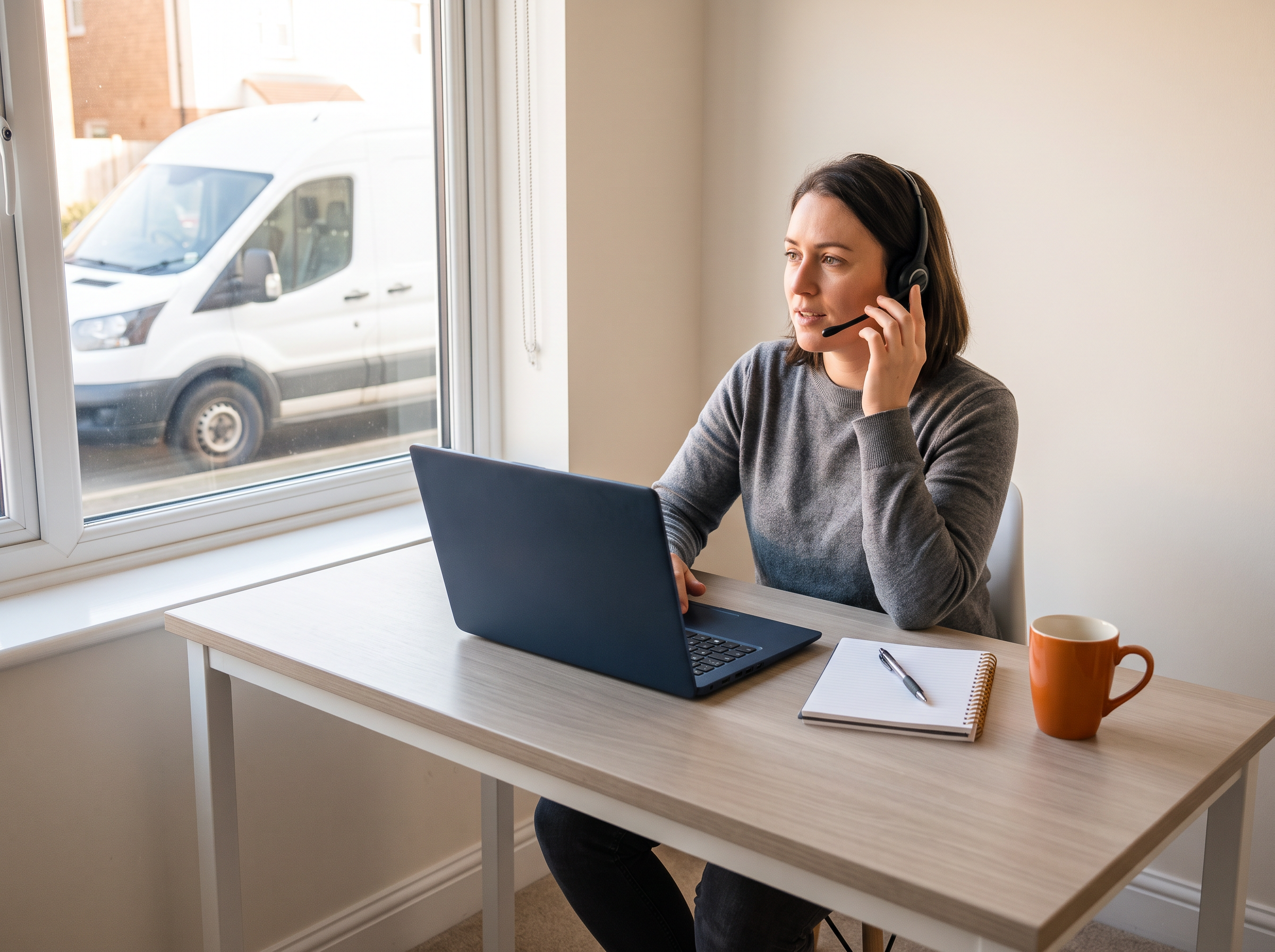 A MyVanLink sales agent working from home on a headset, with a van parked outside the window