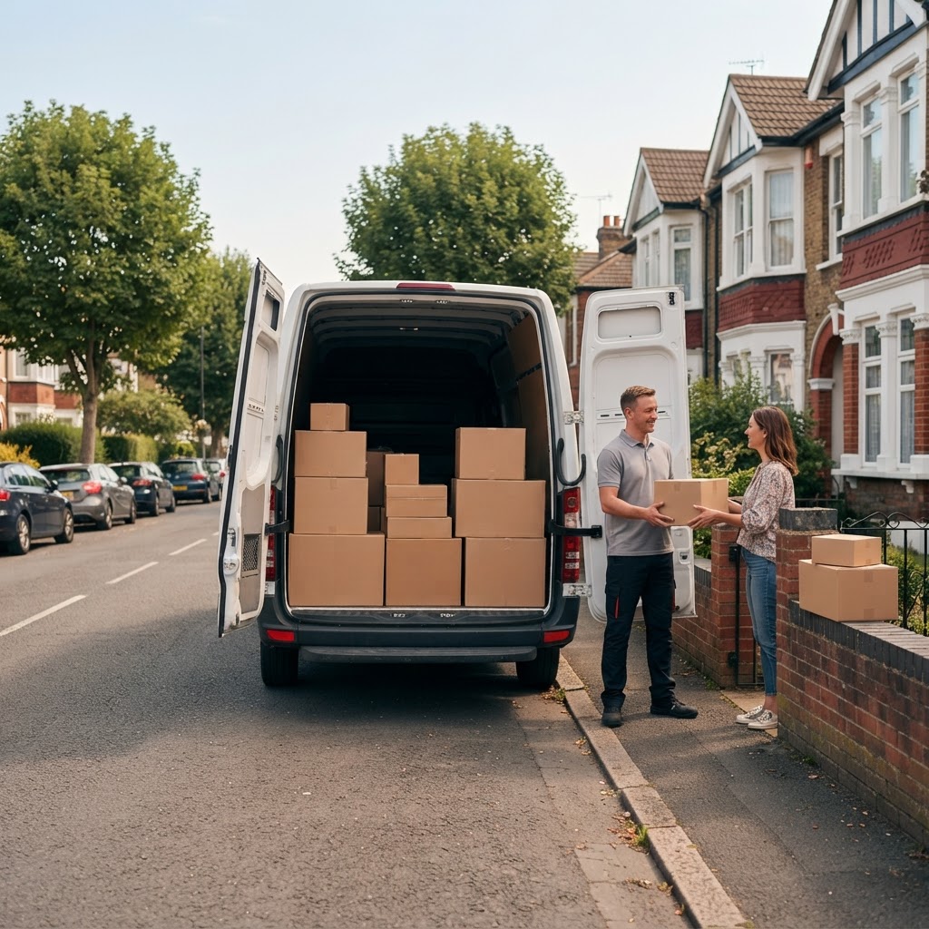 Van driver handing a parcel to a customer outside her home