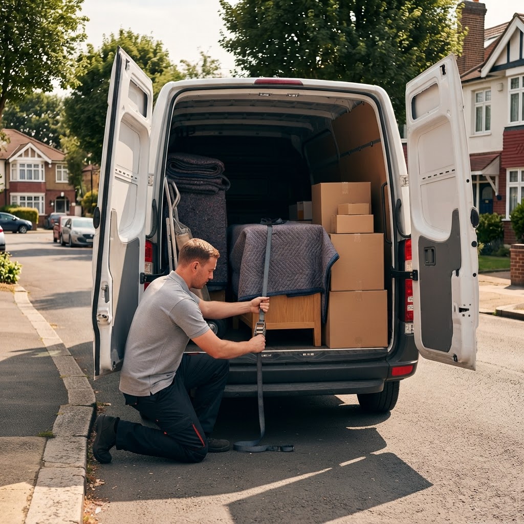 Van driver securing a wrapped sideboard with a strap inside his van