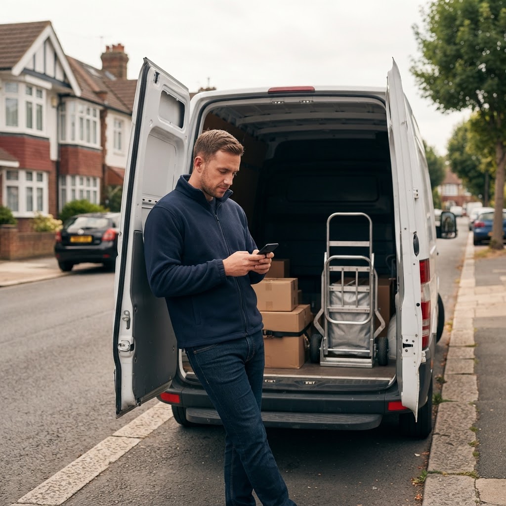 Self-employed van driver checking jobs on his phone beside his van