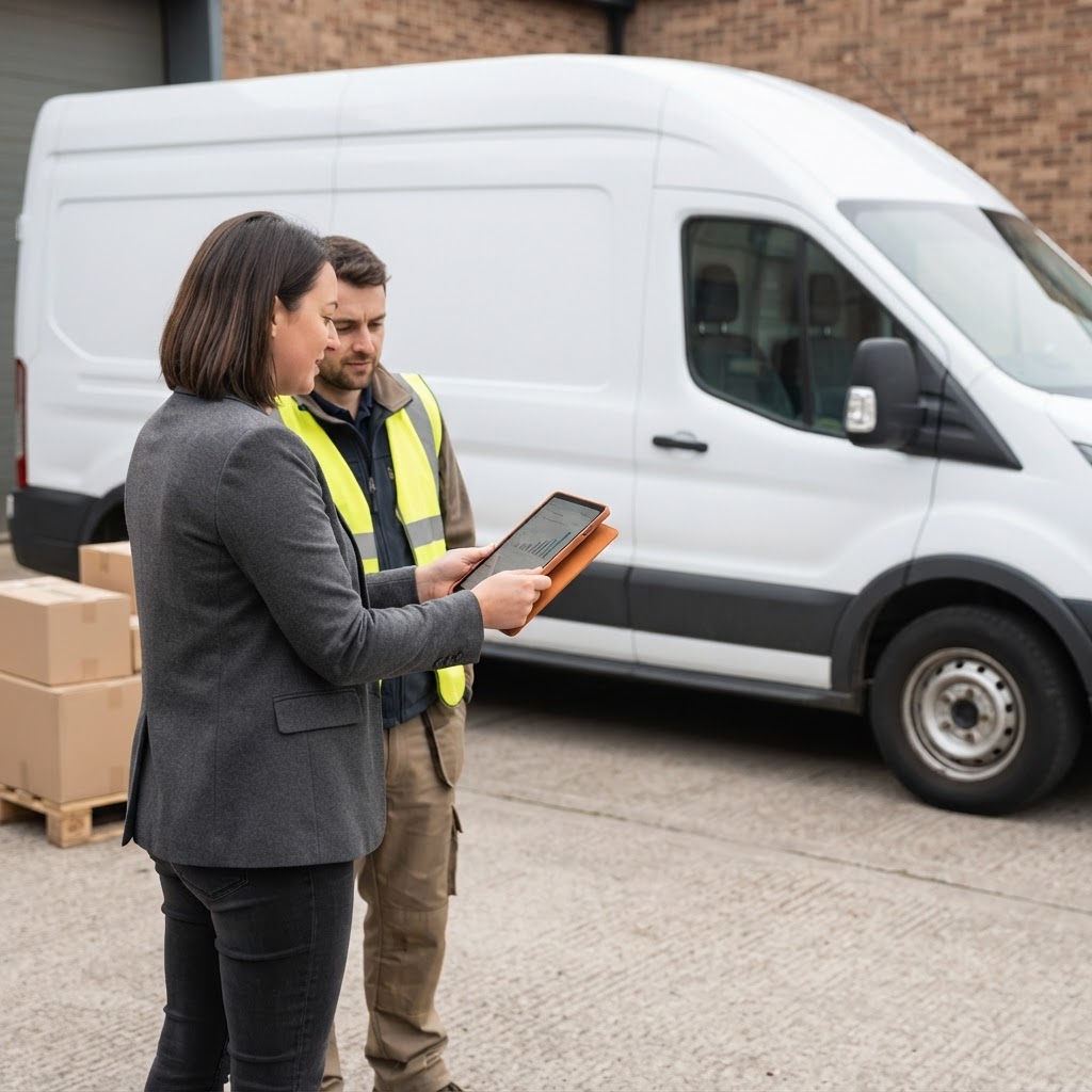 A MyVanLink sales agent showing business staff the platform on a tablet in their yard