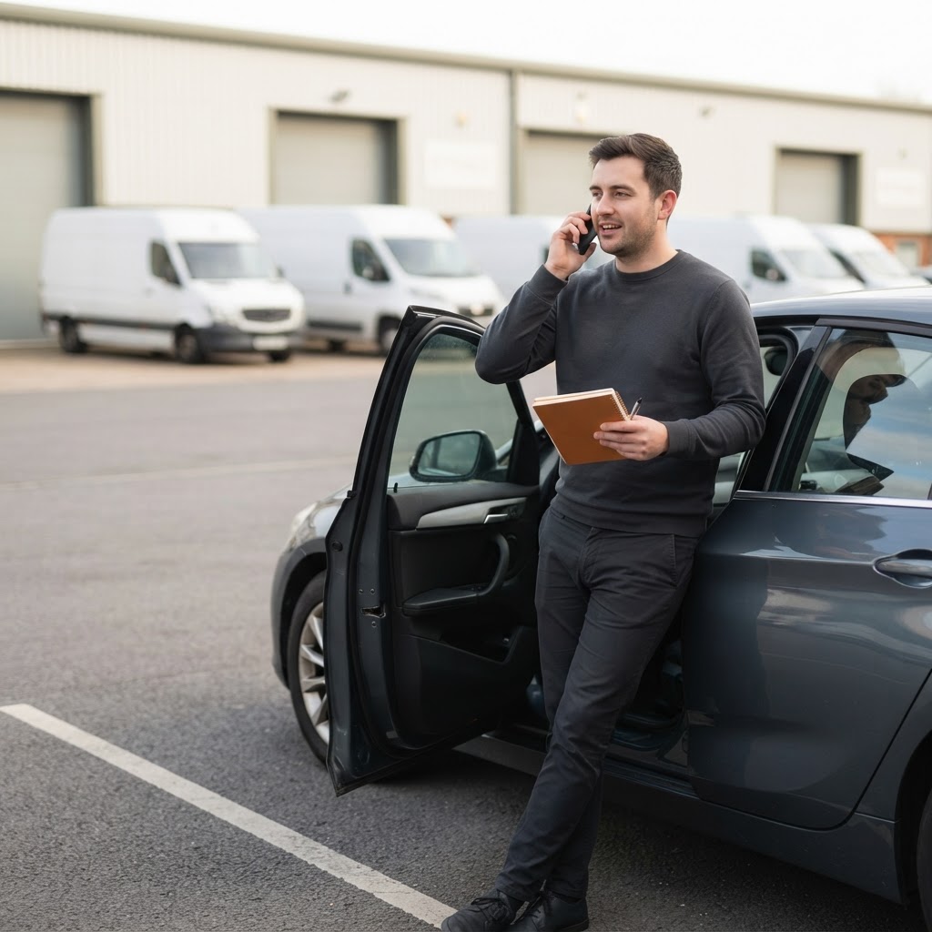 A MyVanLink sales agent on a call from his car between visits, notebook in hand