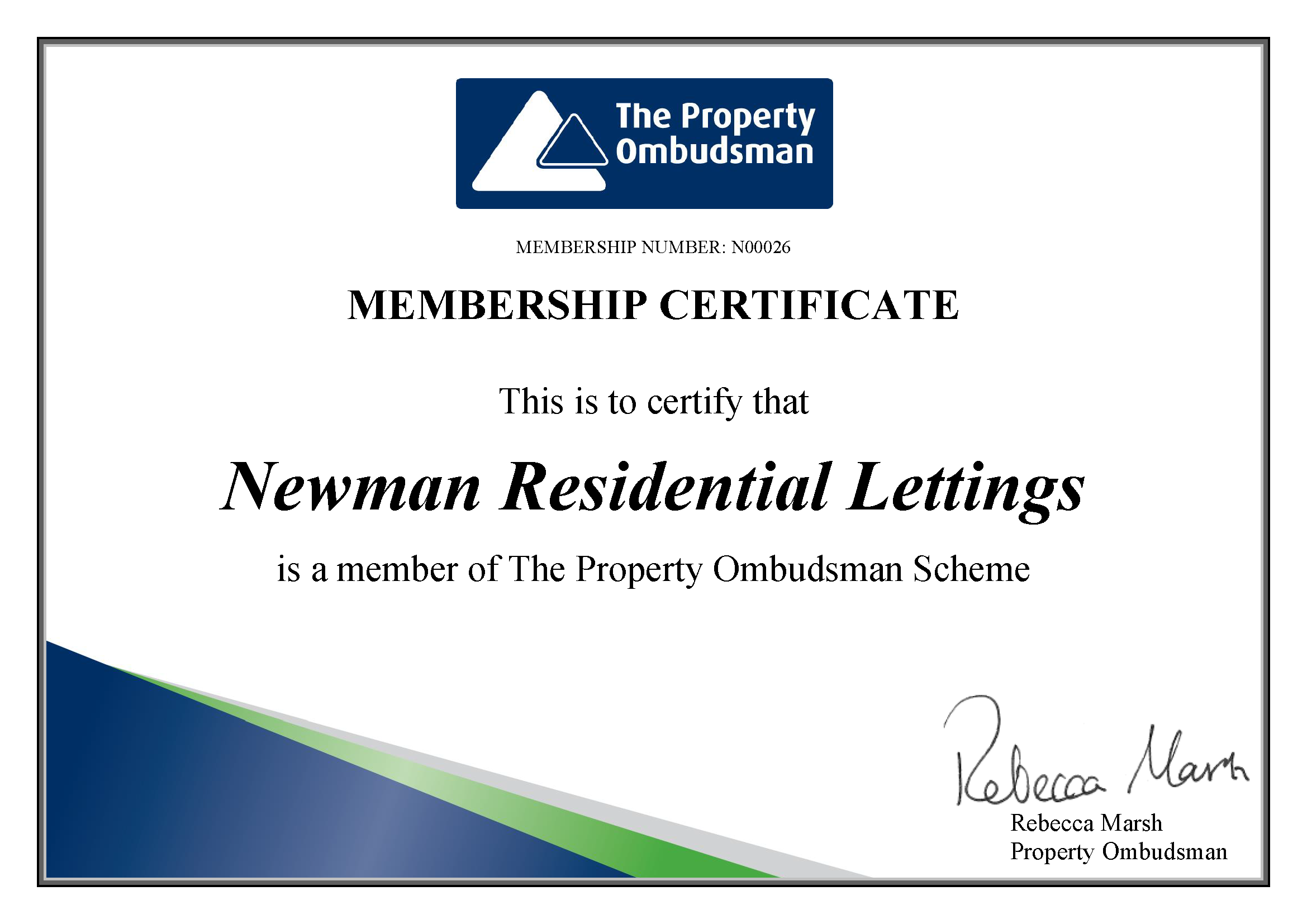 The Property Ombudsman Membership Certificate for Newman Residential Lettings