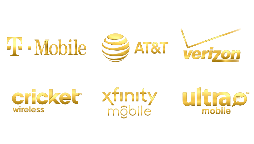 T-Mobile, AT&T, Verizon, Cricket Wireless, Xfinity Mobile, Ultra Mobile logos