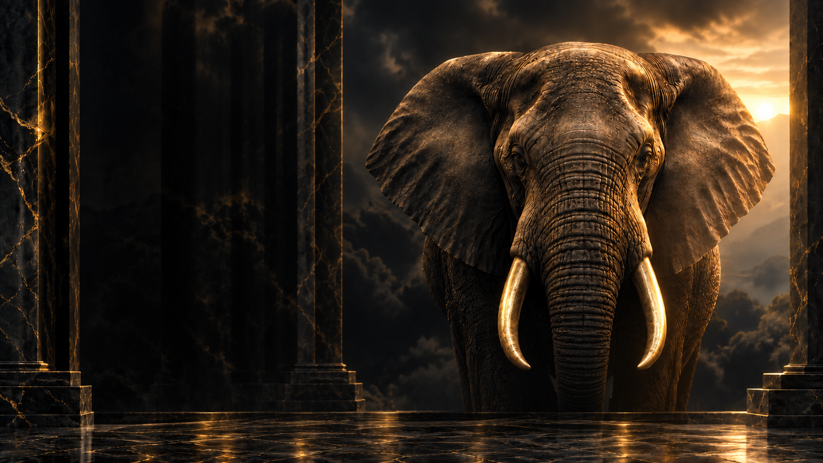 An imposing African elephant facing forward between gold-veined black marble pillars, a golden sunrise breaking through storm clouds behind it