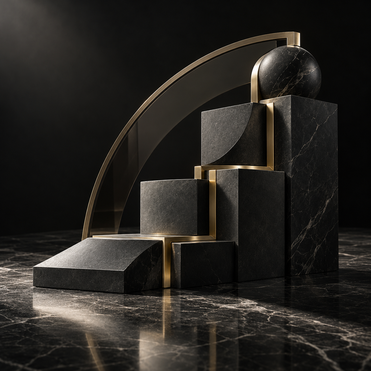 Abstract black-marble sculpture with chrome-gold accents, symbolizing enduring structure and stewardship across generations.