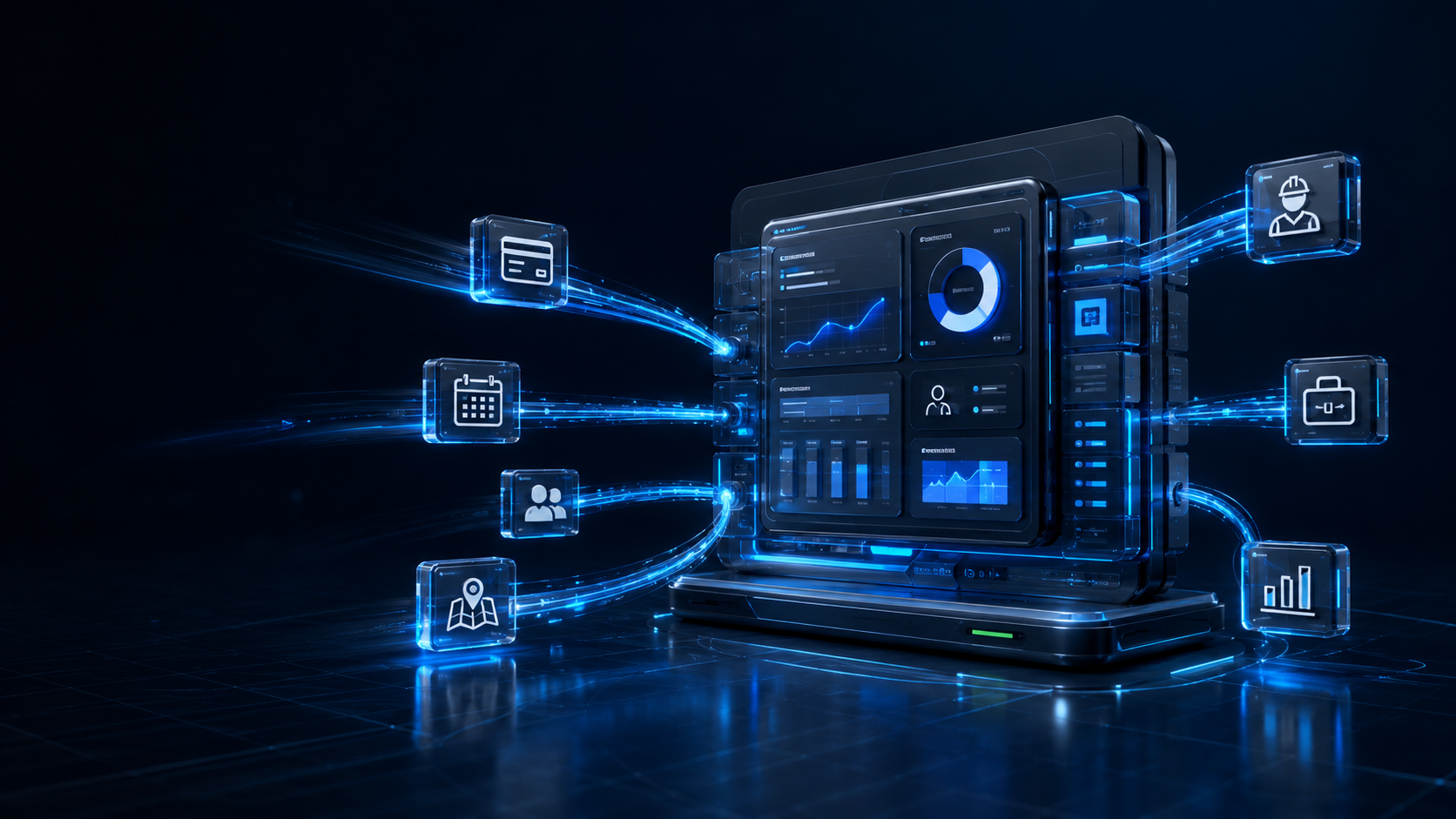 Hebner unified business operating system core with connected modules on a dark cinematic stage