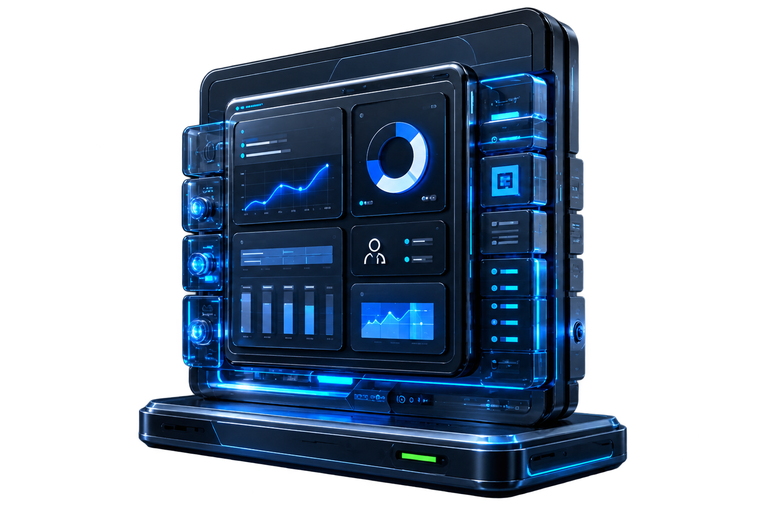 Central Hebner operating system core module with dashboard panels and electric-blue glow