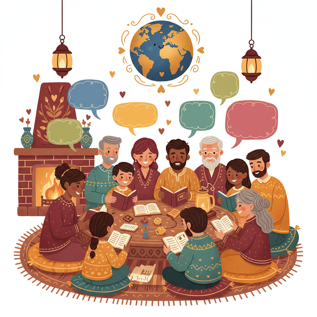 Family and friends of different generations gathered together to learn, with speech bubbles, small hearts, and a globe floating above