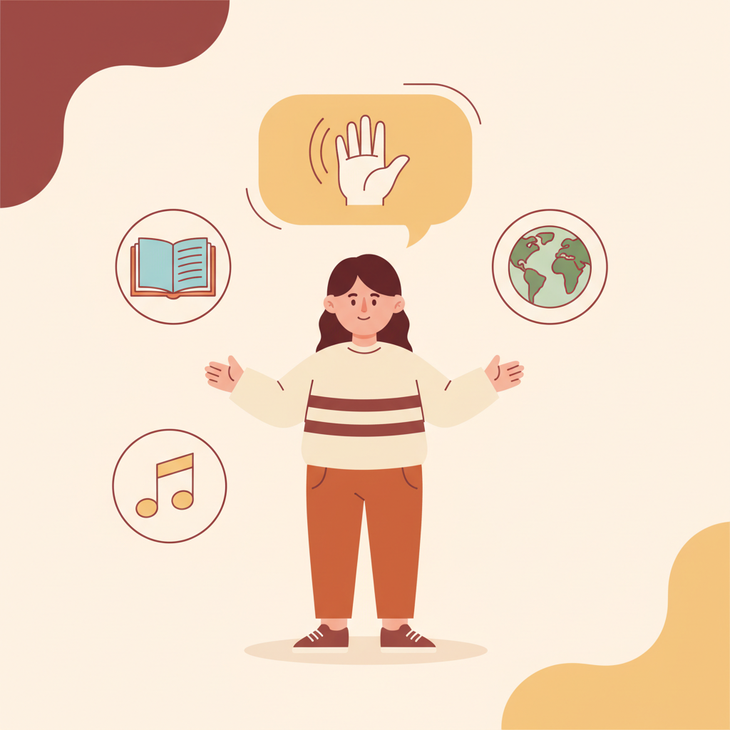 Cheerful person speaking with a friendly wave symbol and floating book, globe and music icons