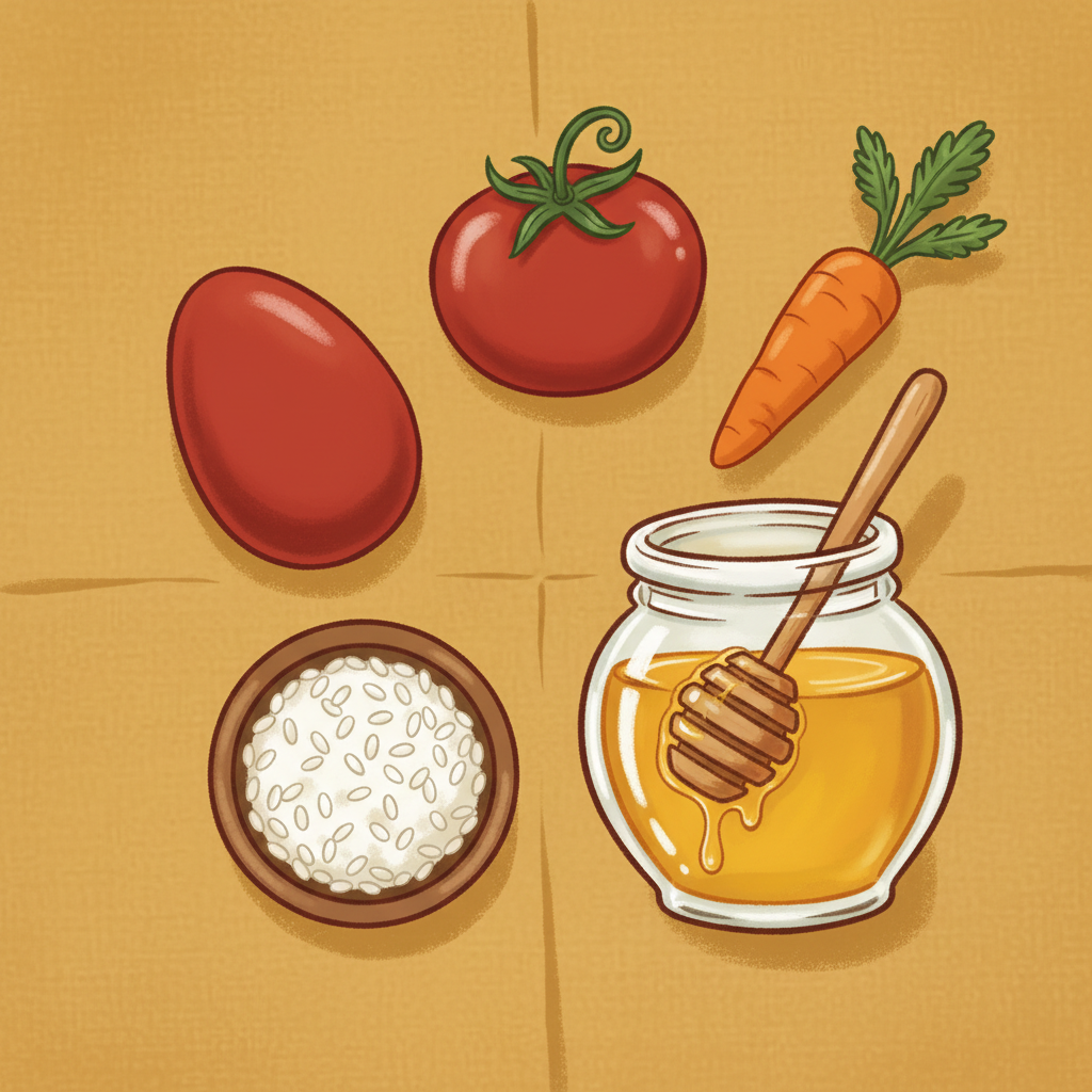 A circle of cooking ingredients: an egg, tomato, carrot, a bowl of rice, and a honey jar