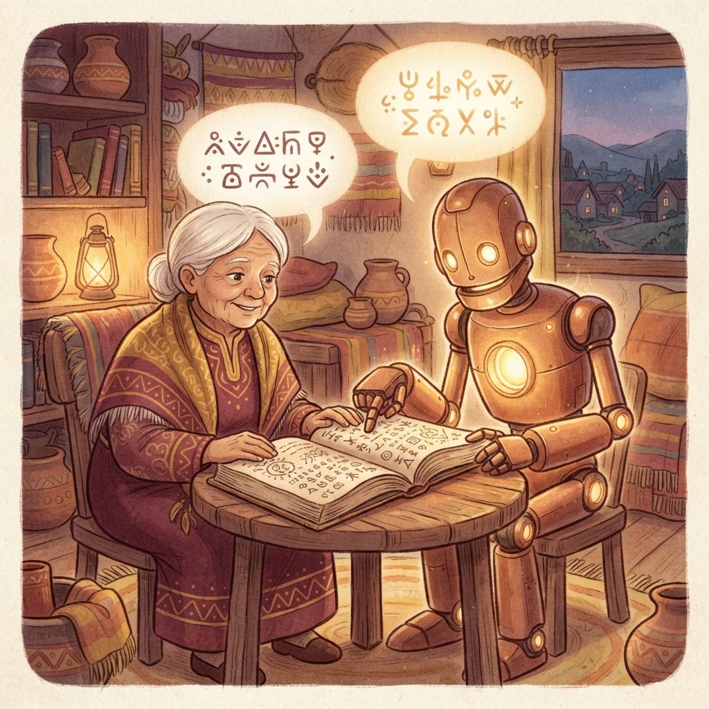 A friendly robot and a village elder sharing an open book of symbols together
