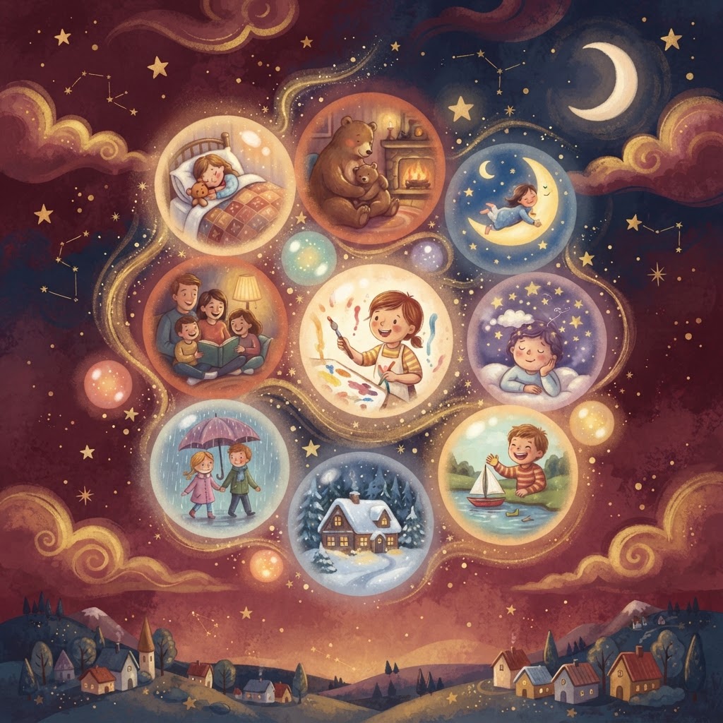 Glowing colorful orbs floating in a night sky, each holding a tiny warm scene