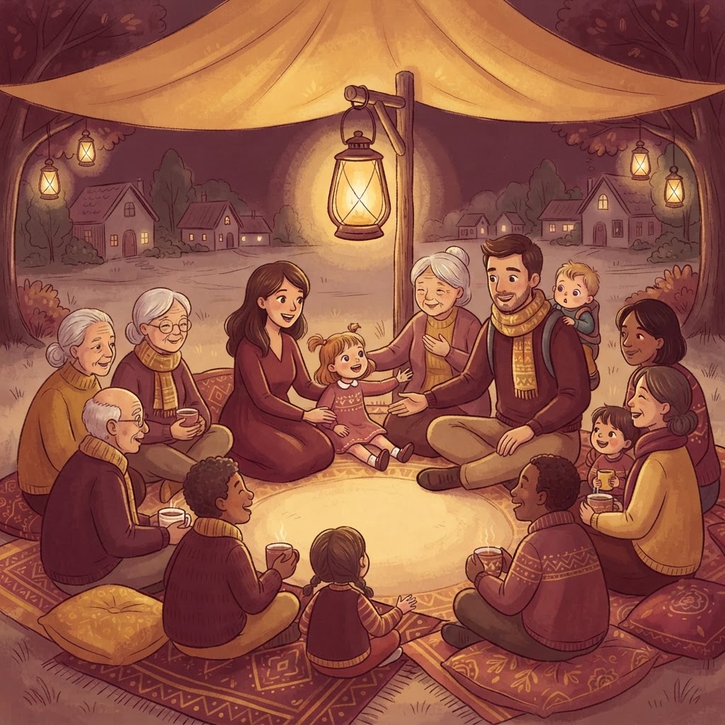 A family joining a warm circle of other speakers of their language under lantern light