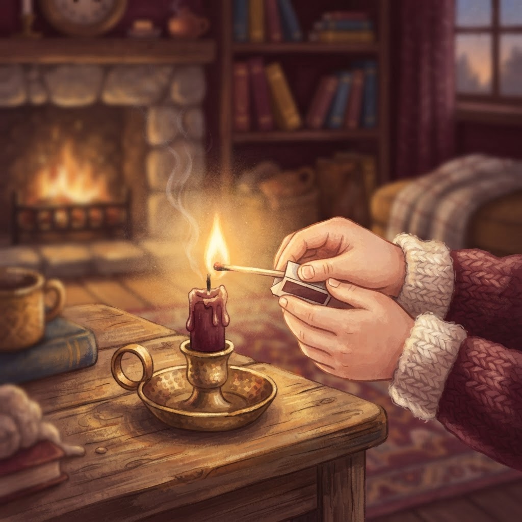 A softly fading candle being gently relit by caring small hands