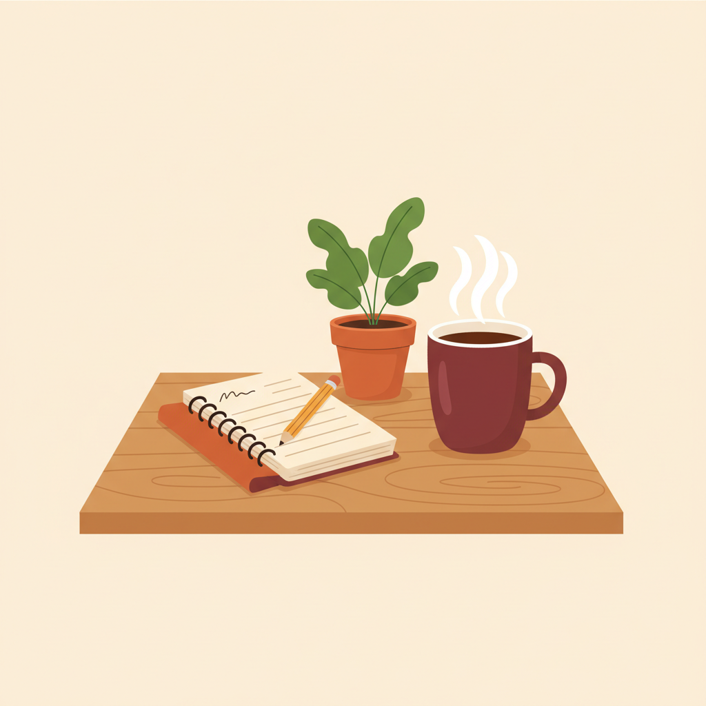 Cozy desk with a notebook, pencil, coffee mug and a small plant representing a simple daily language habit