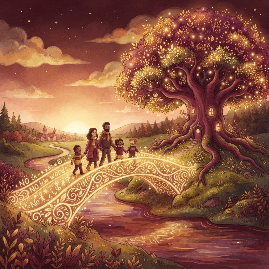A golden bridge of glowing words arcing toward a cozy family tree