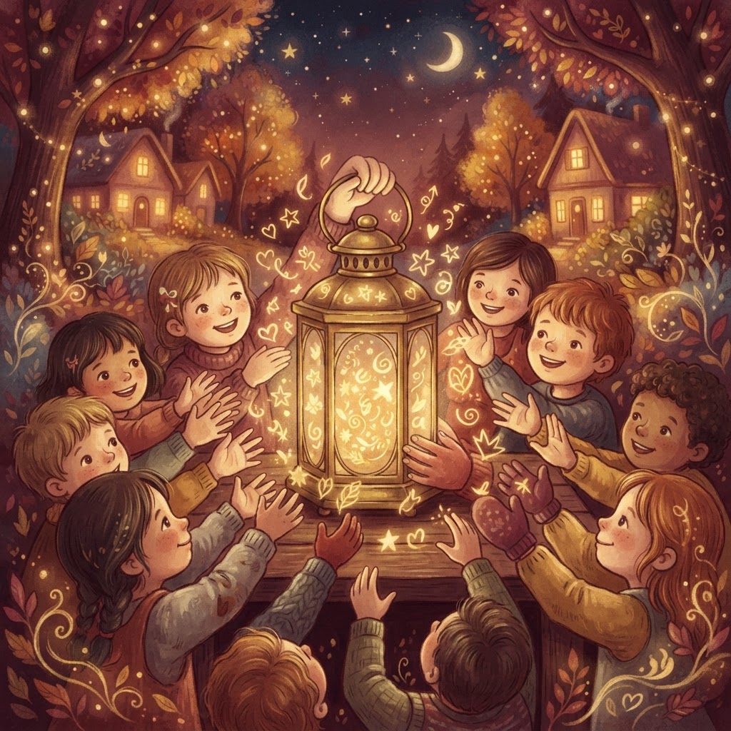 Glowing words gently gathered and protected inside a lantern held by many caring hands