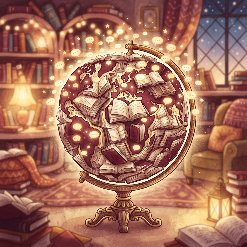 A globe made of open books with golden speech bubbles rising from every continent